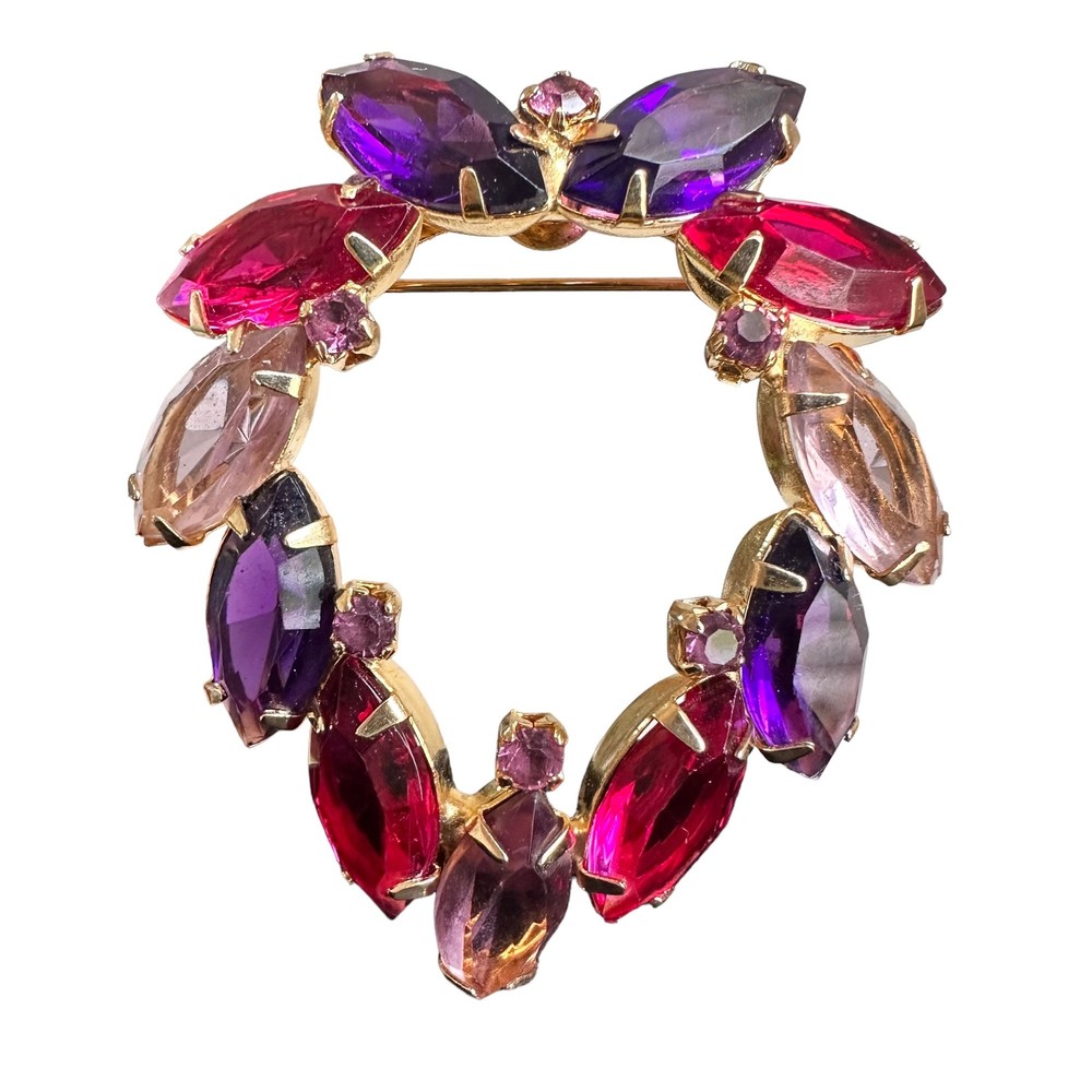 Vintage Juliana D&E Style Purple Pink Navette Rhinestone Wreath Gold Tone Brooch